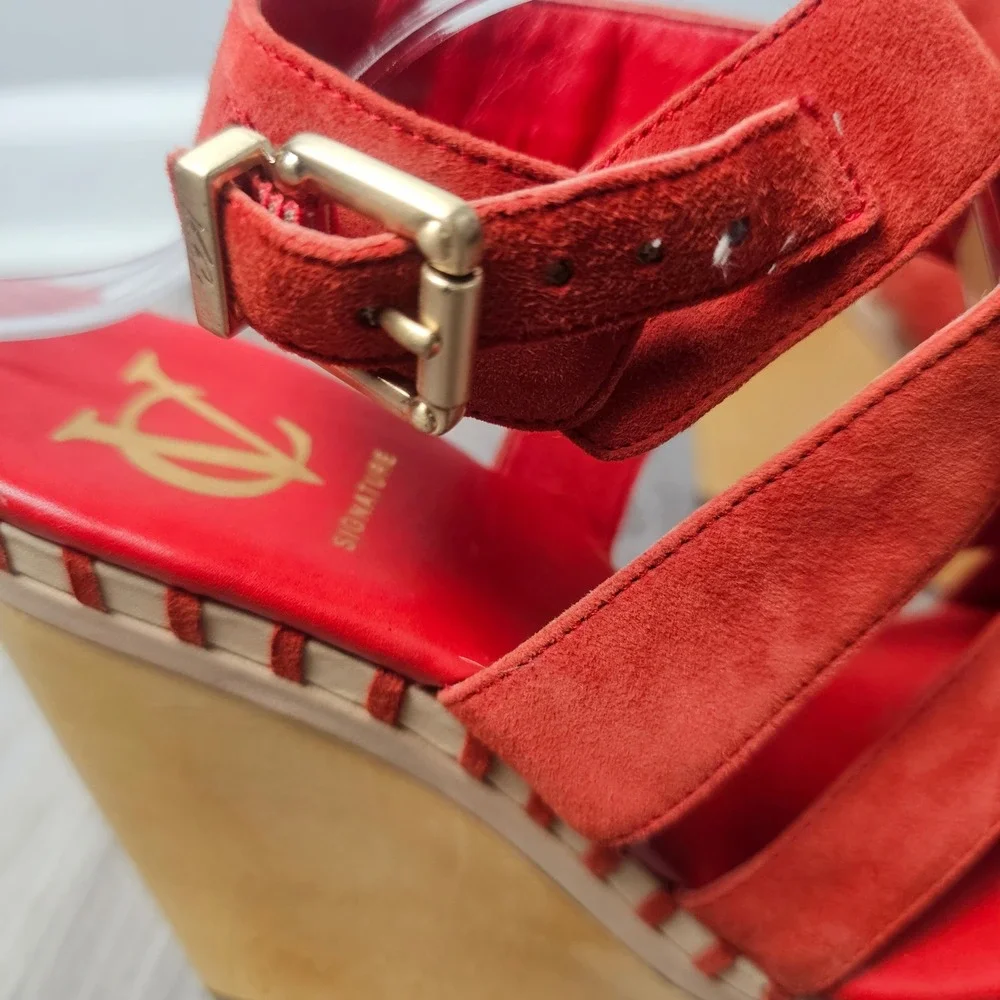VC Signature Lene Wedge Sandals Women 8.5 Red Suede Wood Platform 70s Boho